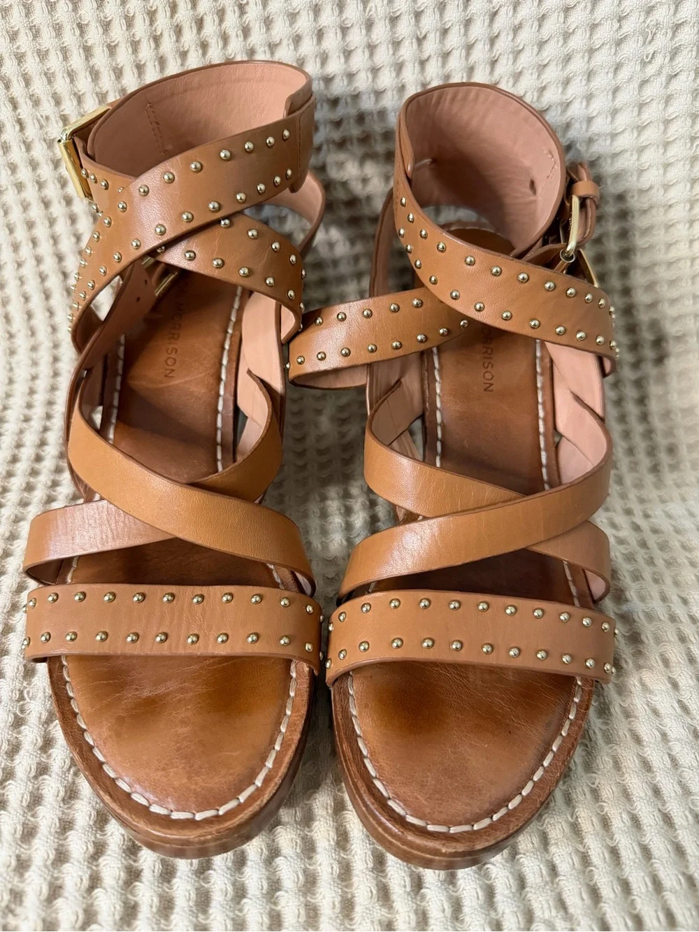 Sigerson Morrison Studded Leather Block Heel Sandals Tan Size 9B Designer Shoes - Picture 4 of 11